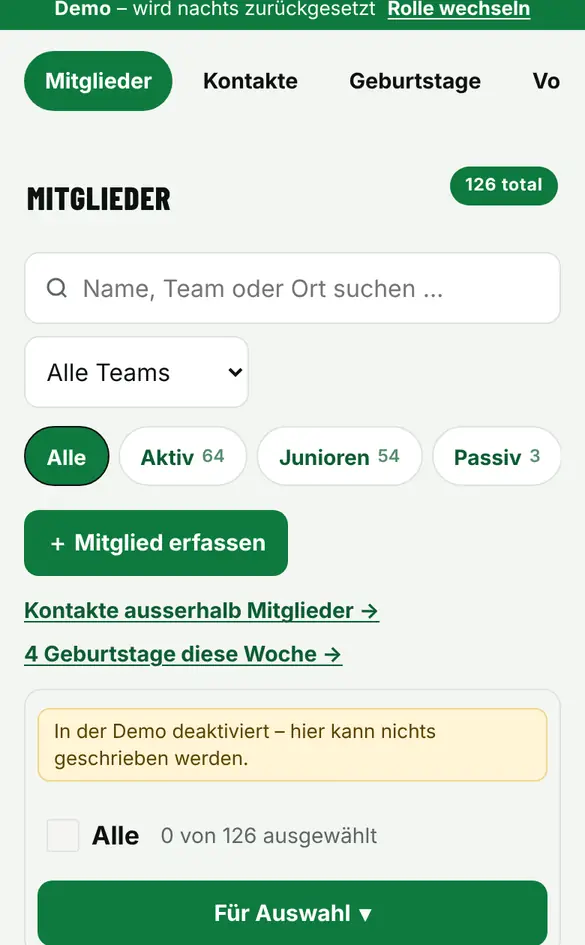 Bildschirm «Mitglied suchen oder erfassen» im Demo-Verein FC Muster (Handy)