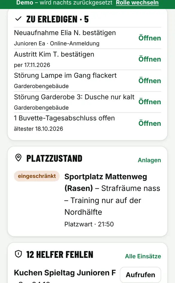 Bildschirm ««Zu erledigen» abarbeiten» im Demo-Verein FC Muster (Handy)