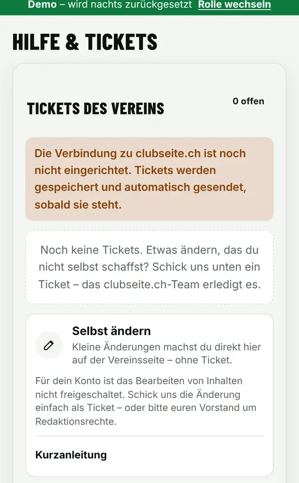 Bildschirm «Änderung bei clubseite.ch bestellen» im Demo-Verein FC Muster (Handy)