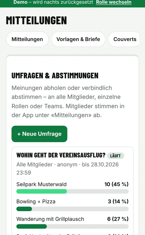 Bildschirm «Umfrage oder Abstimmung» im Demo-Verein FC Muster (Handy)