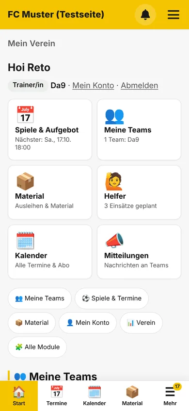 Dashboard «Mein Verein» eines Trainers auf dem Handy: «Hoi Reto», Rolle Trainer/in Da9, Kacheln Spiele & Aufgebot, Meine Teams, Material, Helfer, Kalender, Mitteilungen und unten die Leiste Start, Termine, Kalender, Material, Mehr