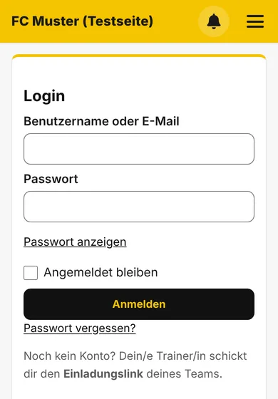 Login-Seite auf dem Handy: Felder «Benutzername oder E-Mail» und «Passwort», Haken «Angemeldet bleiben», Knopf «Anmelden», Link «Passwort vergessen?» und Hinweis auf den Einladungslink des Teams