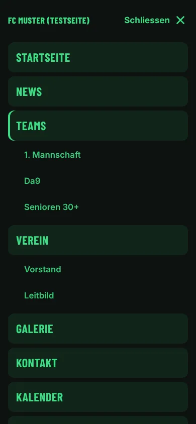 Geöffnetes Menü auf dem Handy mit grossen Einträgen: Startseite, News, Teams, Verein, Galerie, Kontakt, Kalender