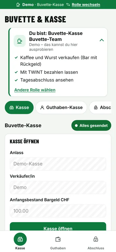 Bildschirm: Buvette & Kasse